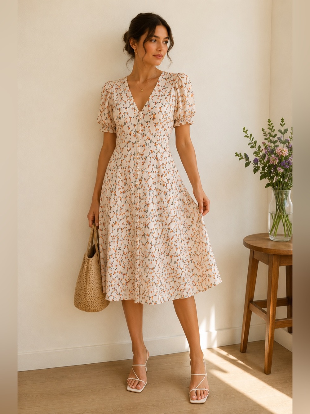 BOTROIS Floral Midi Dress Women’s Size S Cream Puff Sleeve Cottagecore Romantic